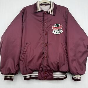Vintage Souvenir Satin Bomber Jacket Maroon Alaska" globe patch Made In USA Med